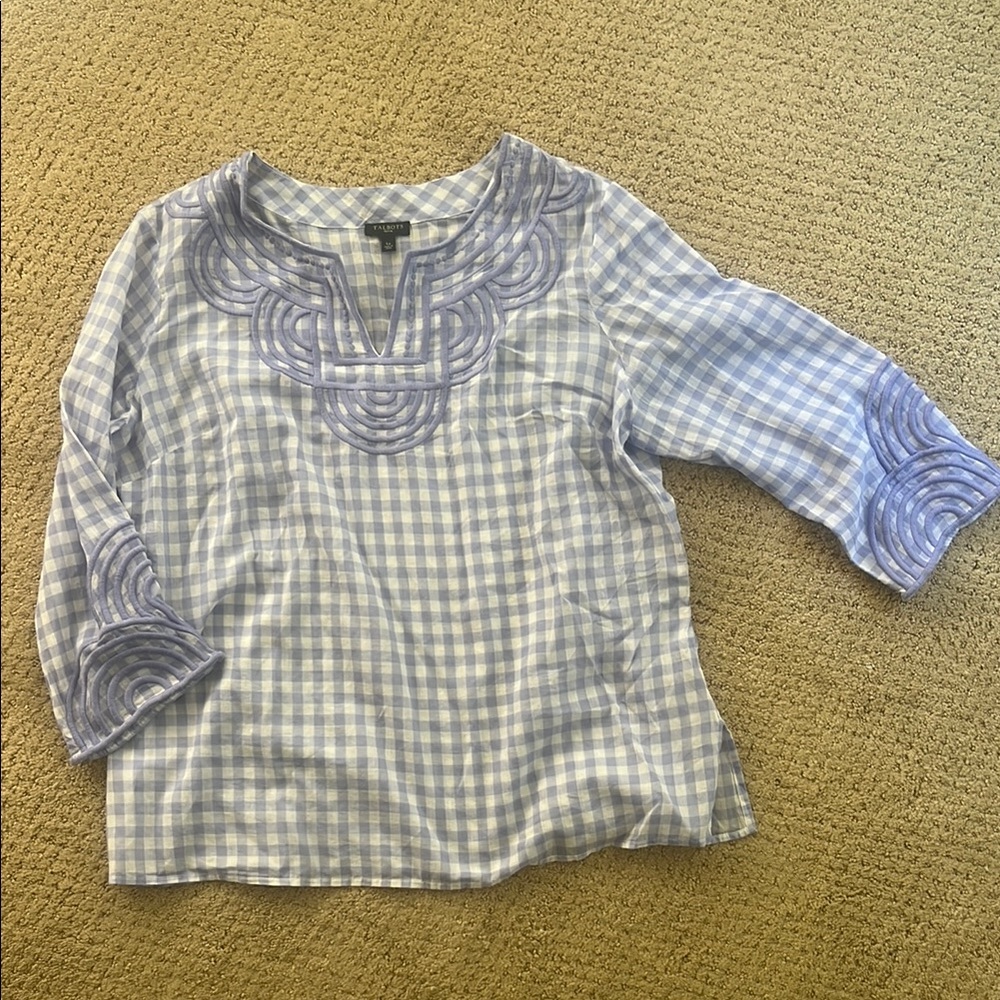 Talbots Large Petite Violet and White Gingham Blouse with Three-Quarter Sleeves